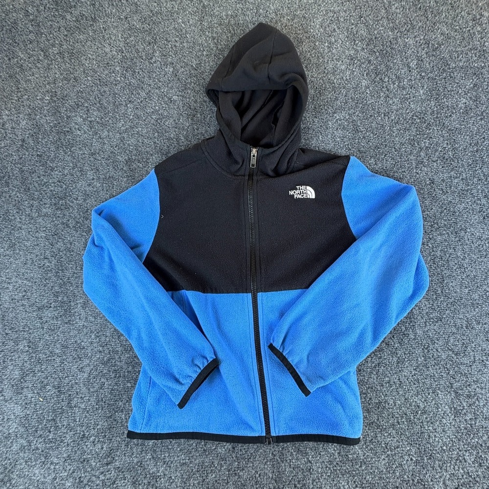 The North Face Fleece Jacket‎ Boys Medium 10 Black Blue Logo Hooded Full Zip
